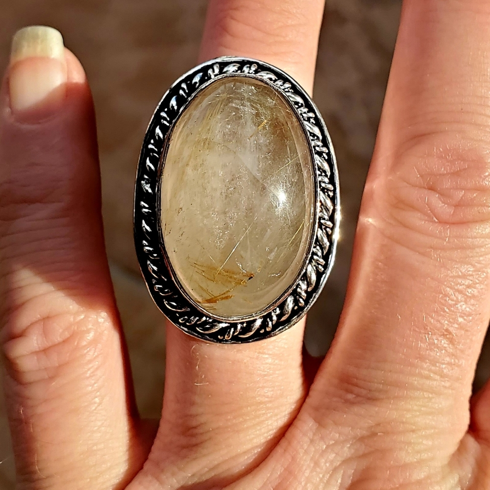 New Huge Golden Rutile Quartz 925 Silver Statement Ring.